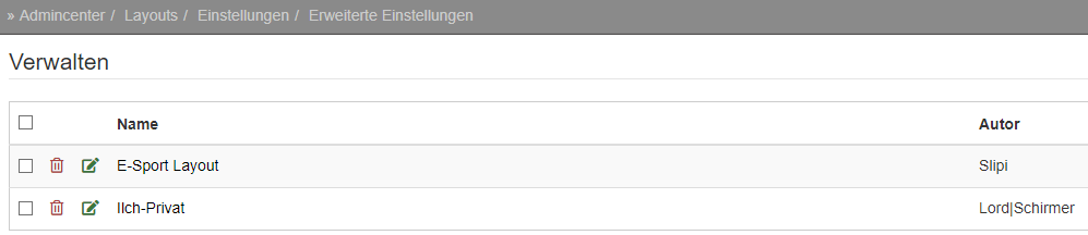 Übersicht Layouts mit Einstellungen